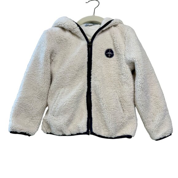 TARTINE ET CHOCOLAT Hooded Sherpa Jacket Boys 6 Cream/Blue Warm Winter Fleece - Picture 1 of 11